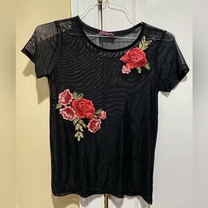 Black Mesh Top with Red Floral Embroidery- Small
